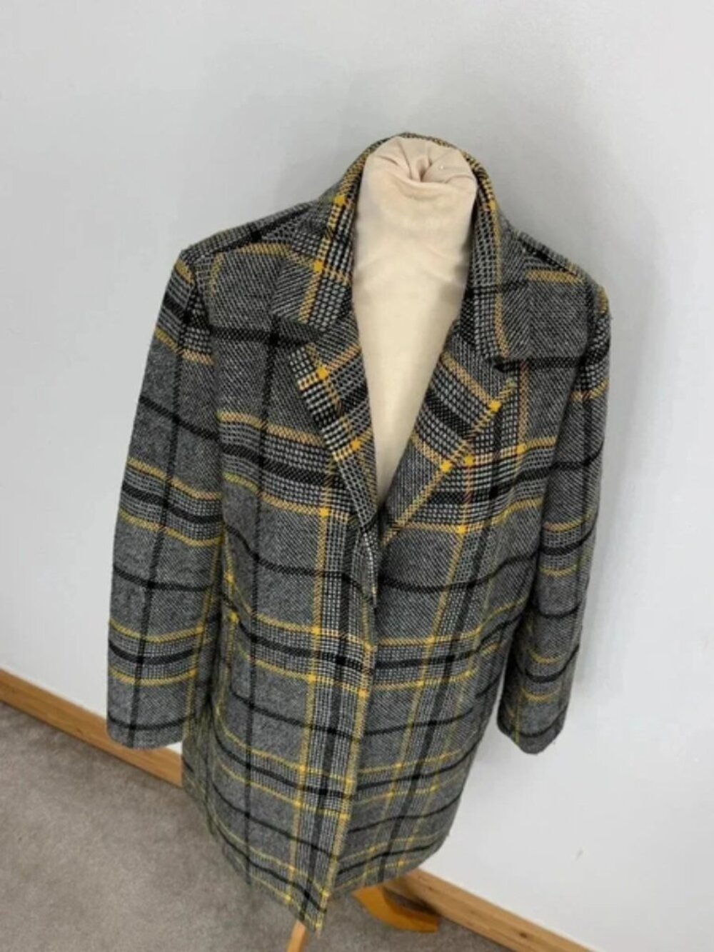 QED London Grey & Yellow Checked Wool Blend Coat 12 - Picture 2 of 5